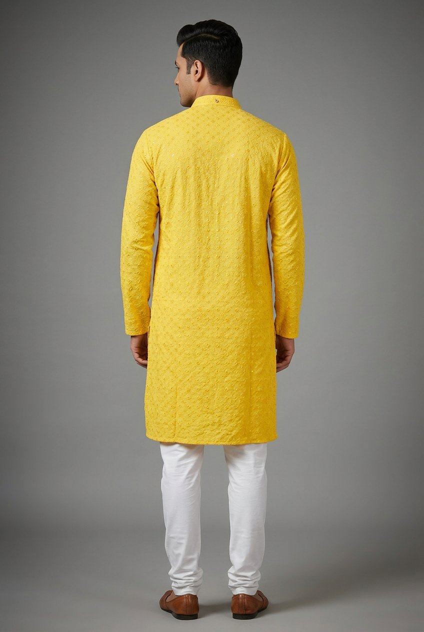 Elegant Lakhnavi Men's Kurta with Sequin Details and Embroidery - AI Model Photo 3
