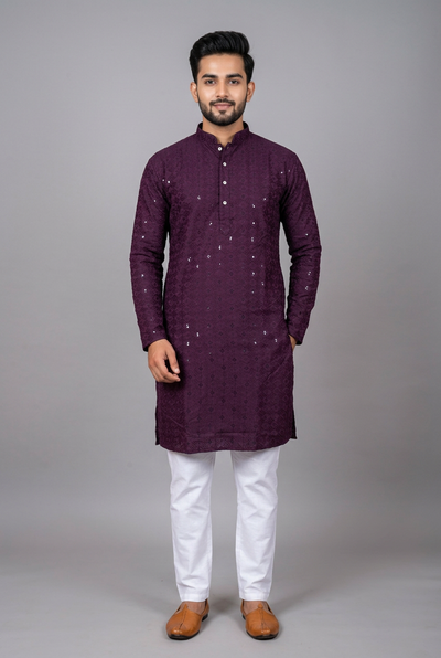 Purple Men's Lakhnavi Kurta: Traditional Resham - AI Model Photo 3