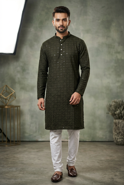 Green Men's Lakhnavi Kurta with Detailed Resham Work - AI Model Photo 1