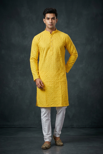 Elegant Lakhnavi Men's Kurta with Sequin Details and Embroidery - AI Model Photo 1