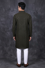 Green Men's Lakhnavi Kurta with Detailed Resham Work - AI Model Photo 3