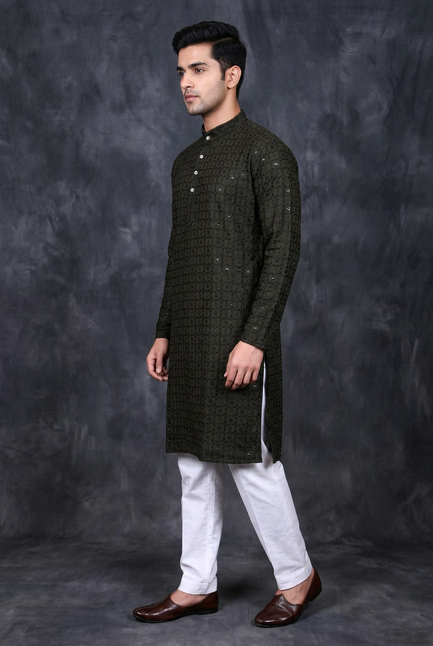 Green Men's Lakhnavi Kurta with Detailed Resham Work - AI Model Photo 2