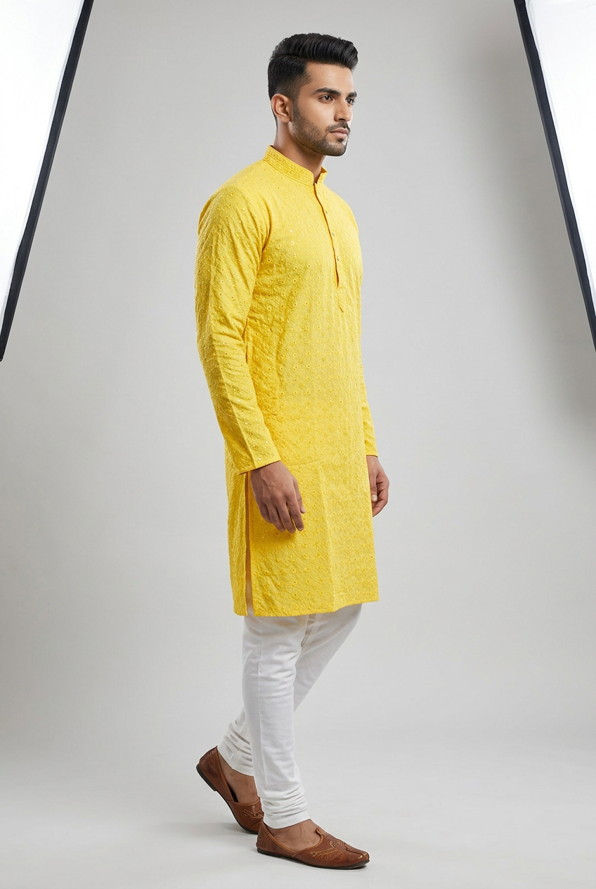 Elegant Lakhnavi Men's Kurta with Sequin Details and Embroidery - AI Model Photo 2
