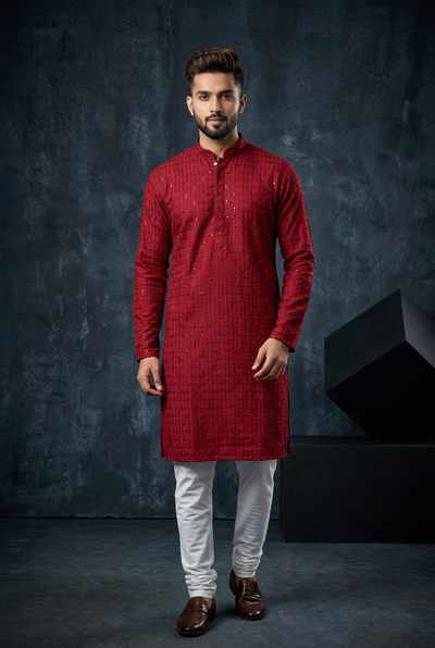 Maroon Men's Lakhnavi Kurta with Resham Embroidery - AI Model Photo 3