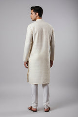 Chic White Hand-Woven Jacquard Men's Kurta for Weddings and Parties - AI Model Photo 2