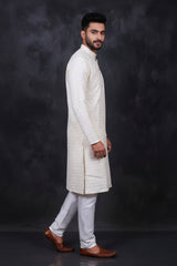 Chic White Hand-Woven Jacquard Men's Kurta for Weddings and Parties - AI Model Photo 3