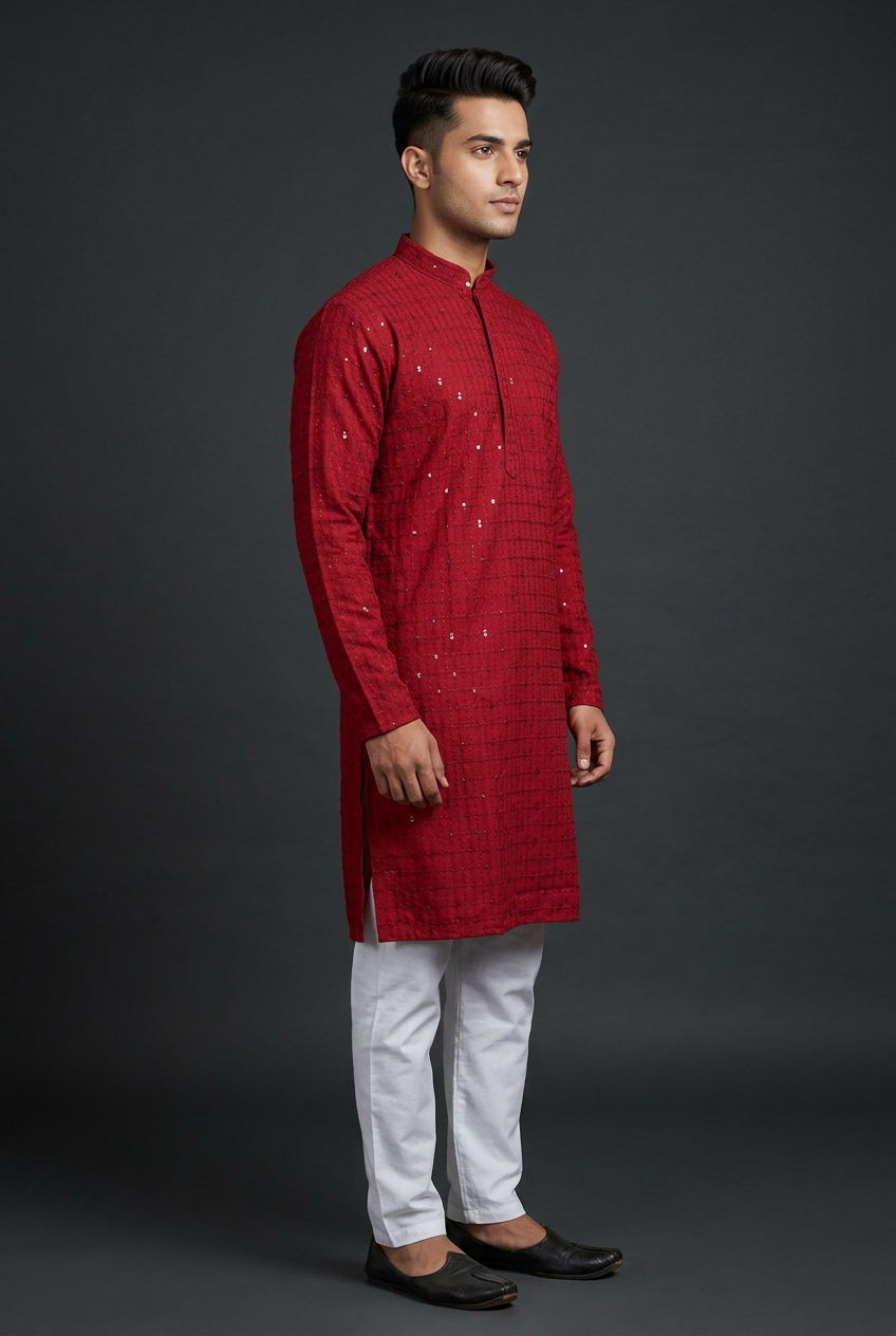 Maroon Men's Lakhnavi Kurta with Resham Embroidery - AI Model Photo 1