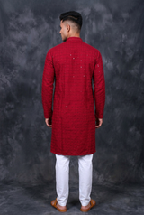 Maroon Men's Lakhnavi Kurta with Resham Embroidery - AI Model Photo 2