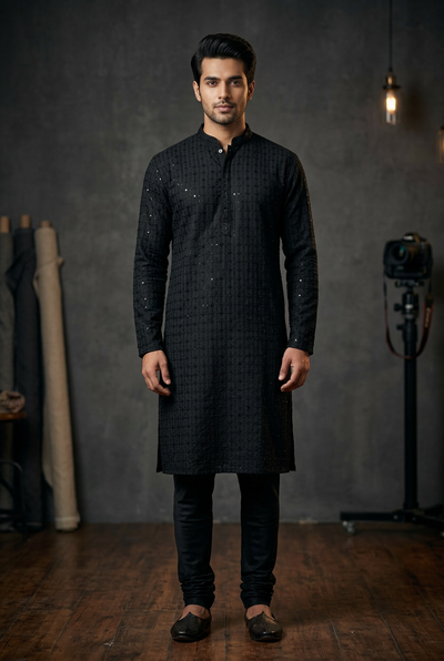 Men's Premium Lakhnavi Kurta-Traditional Embroidery & Sequence Work - AI Model Photo 3