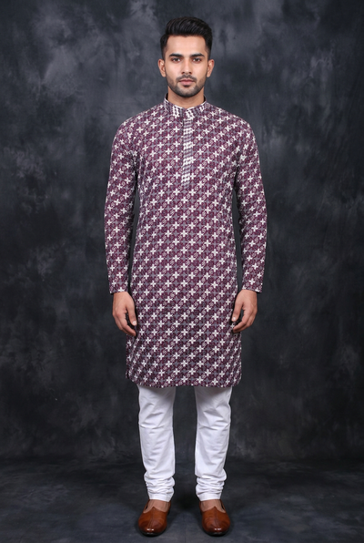 Purple Men's Zebra Embroidery Kurta - Culture Meets - AI Model Photo 1