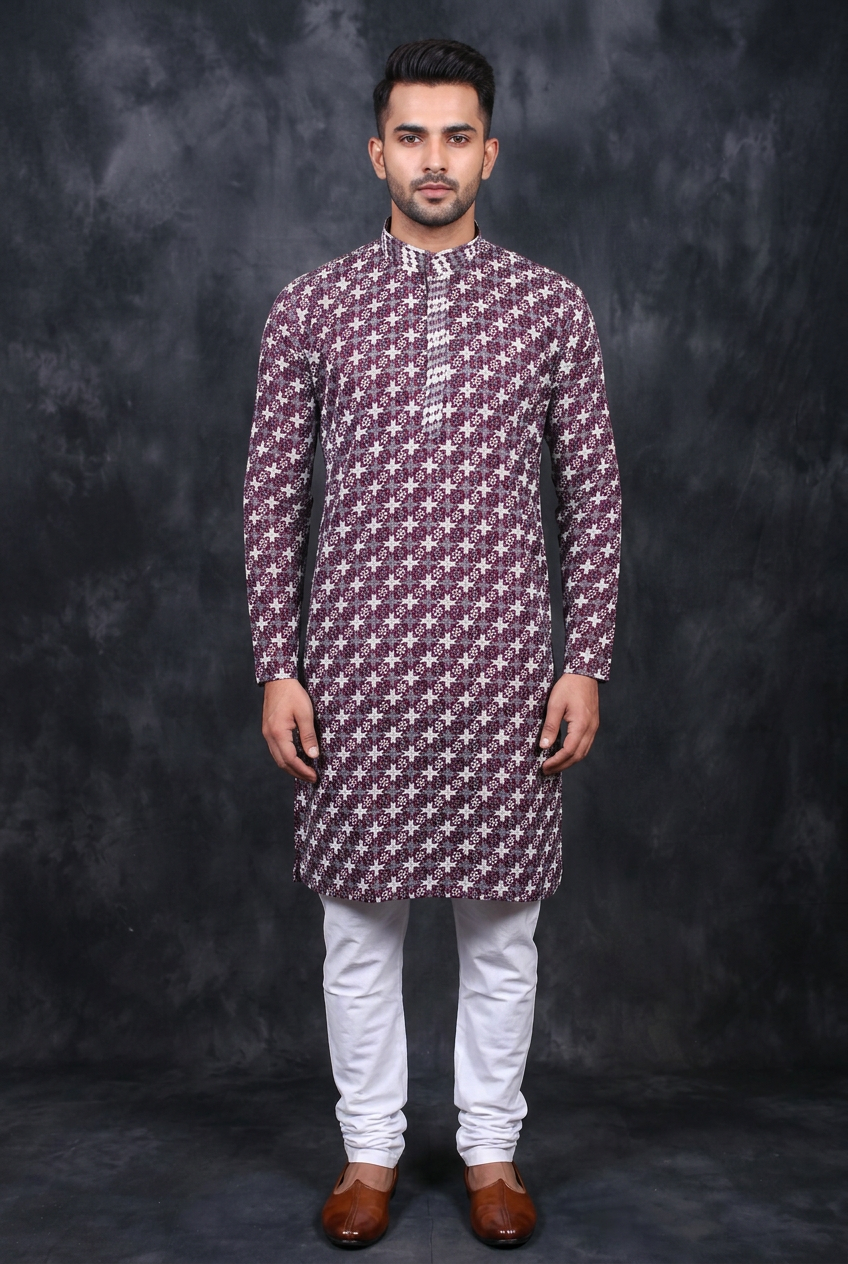 Purple Men's Zebra Embroidery Kurta - Culture Meets - AI Model Photo 1