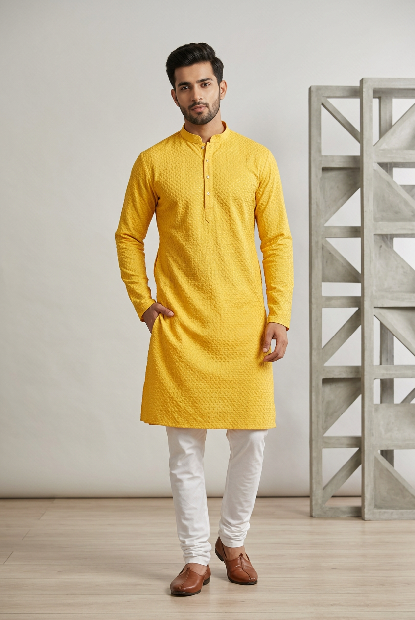 Yellow Men's Lakhnavi Kurta: Embroidery and Cotton - AI Model Photo 3