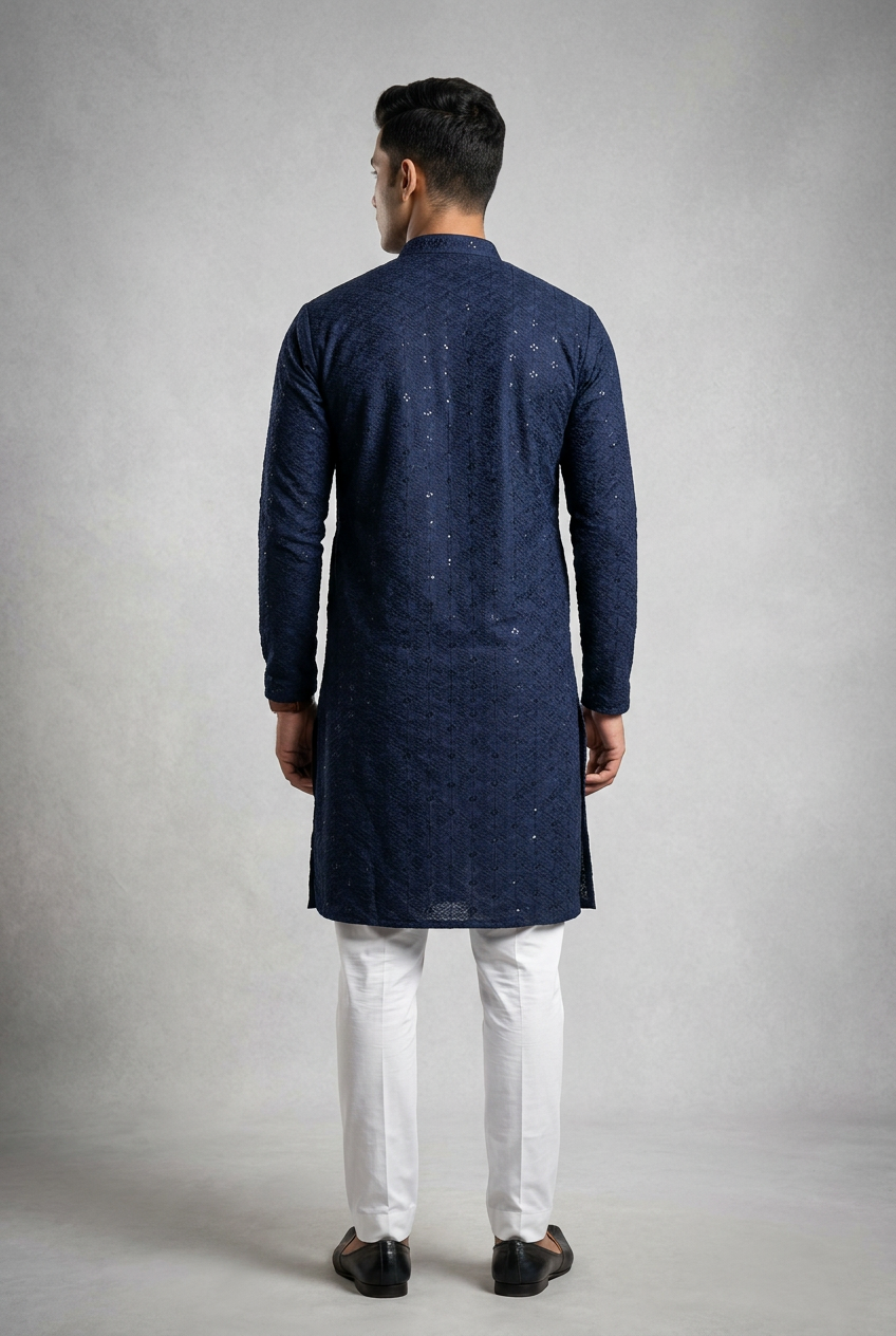 Navy Men's Lakhnavi Kurta - Embroidered Ethnic Wear - AI Model Photo 2