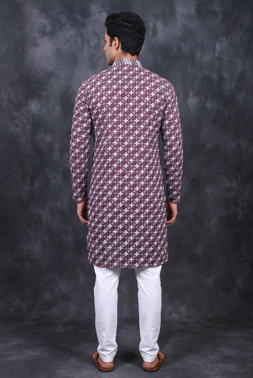 Purple Men's Zebra Embroidery Kurta - Culture Meets - AI Model Photo 3