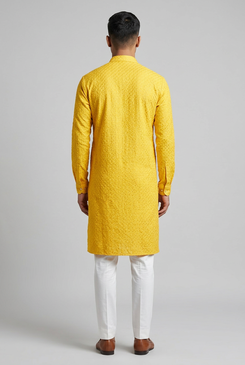 Yellow Men's Lakhnavi Kurta: Embroidery and Cotton - AI Model Photo 1