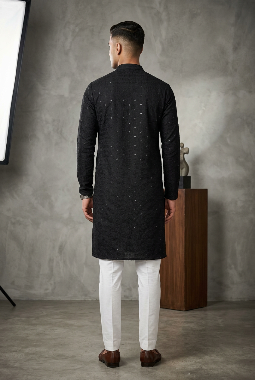 Black Men's Lakhnavi Kurta with Resham and Sequence - AI Model Photo 3