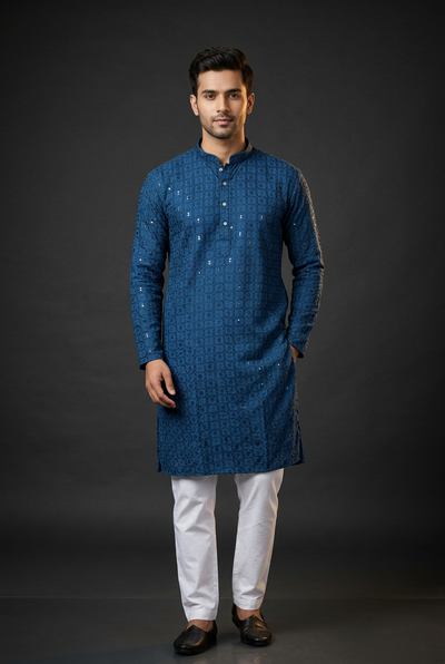 Blue Men's Lakhnavi Embroidered Sequin Kurta - AI Model Photo 1