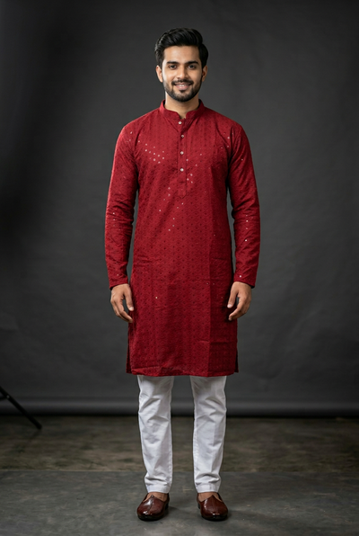 Maroon Men's Royal Lakhnavi Kurta with Sequin Work - AI Model Photo 1