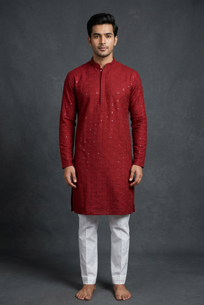 Maroon Men's Lakhnavi Kurta with Resham & Sequin Detail - AI Model Photo 1