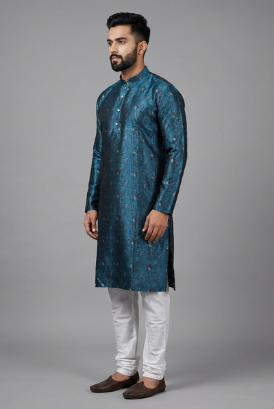 Blue Men's Jacquard Kurta - AI Model Photo 2