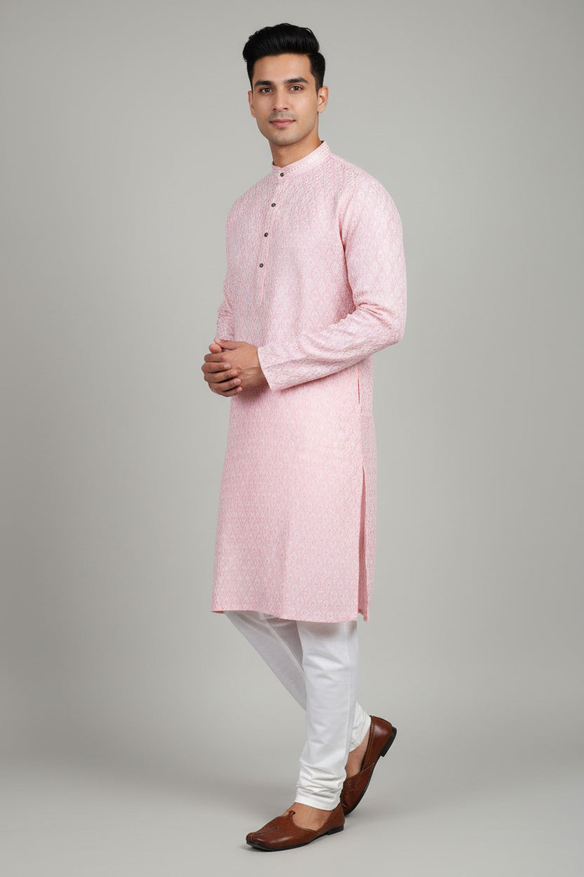 Pink Men's White Jacquard Kurta: Traditional Meets - AI Model Photo 2