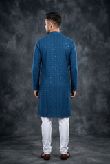 Blue Men's Lakhnavi Embroidered Sequin Kurta - AI Model Photo 2