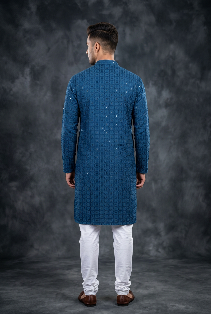 Blue Men's Lakhnavi Embroidered Sequin Kurta - AI Model Photo 2