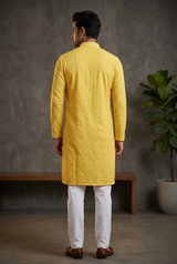 Yellow Men's Lakhnavi Kurta: Meets - AI Model Photo 2