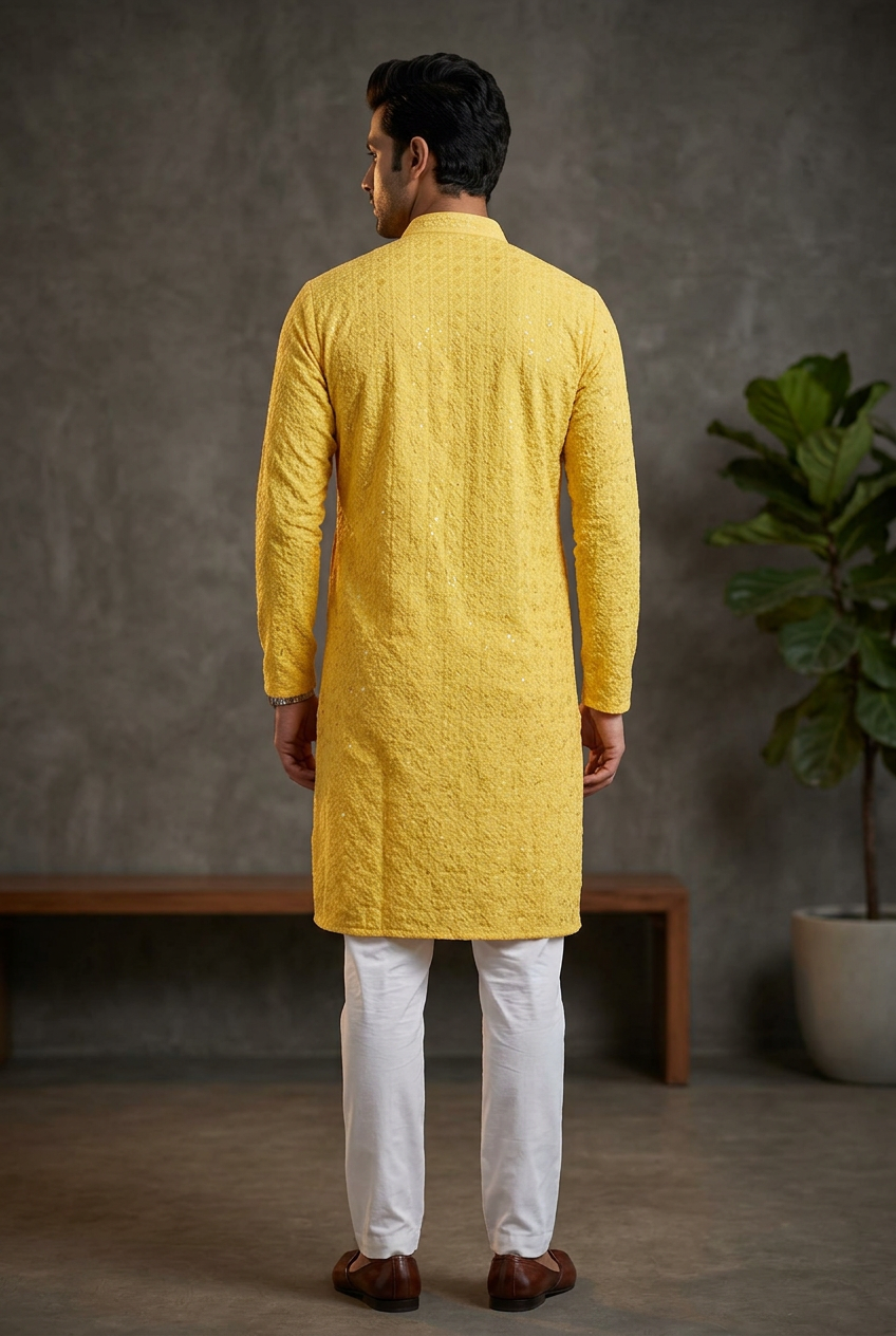 Yellow Men's Lakhnavi Kurta: Meets - AI Model Photo 2