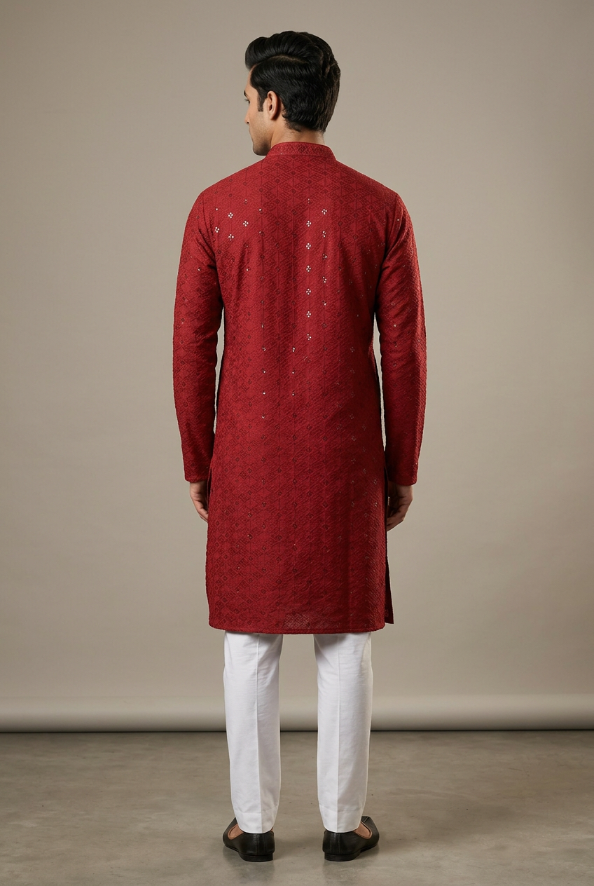 Maroon Men's Lakhnavi Kurta with Resham & Sequin Detail - AI Model Photo 2