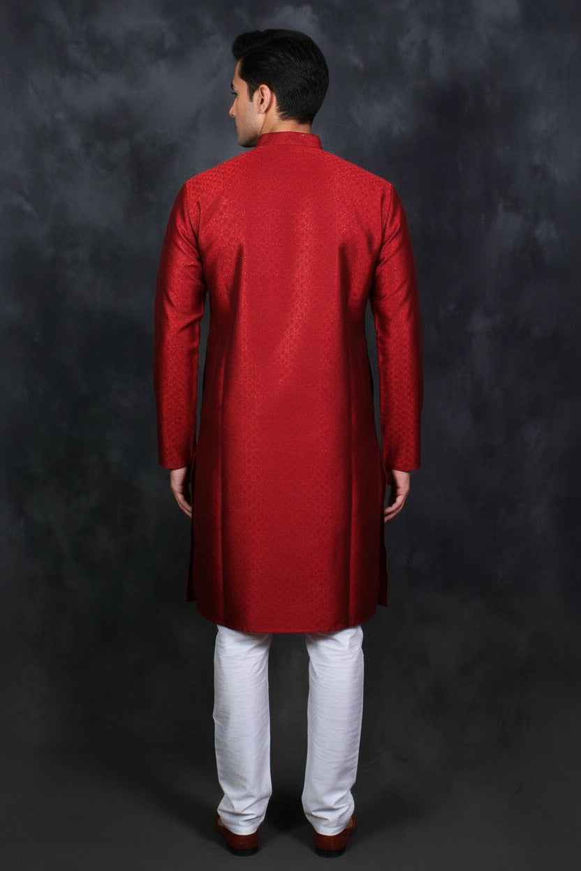 Red Patterned Kurta Pyjama & Jodhpuri Suit - AI Model Photo 1