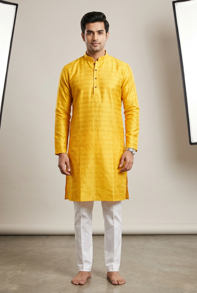 Yellow Hand-Sewn Sequin Men's Kurta Pyjama for Haldi - AI Model Photo 2
