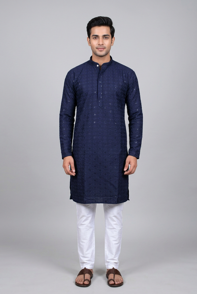 Navy Men's Lakhnavi Kurta - Embroidered Ethnic Wear - AI Model Photo 1