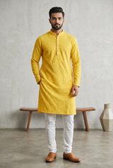 Yellow Men's Lakhnavi Kurta: Meets - AI Model Photo 1