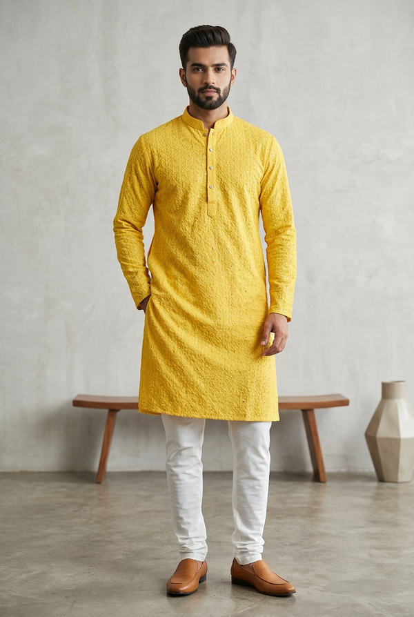 Yellow Men's Lakhnavi Kurta: Meets - AI Model Photo 1