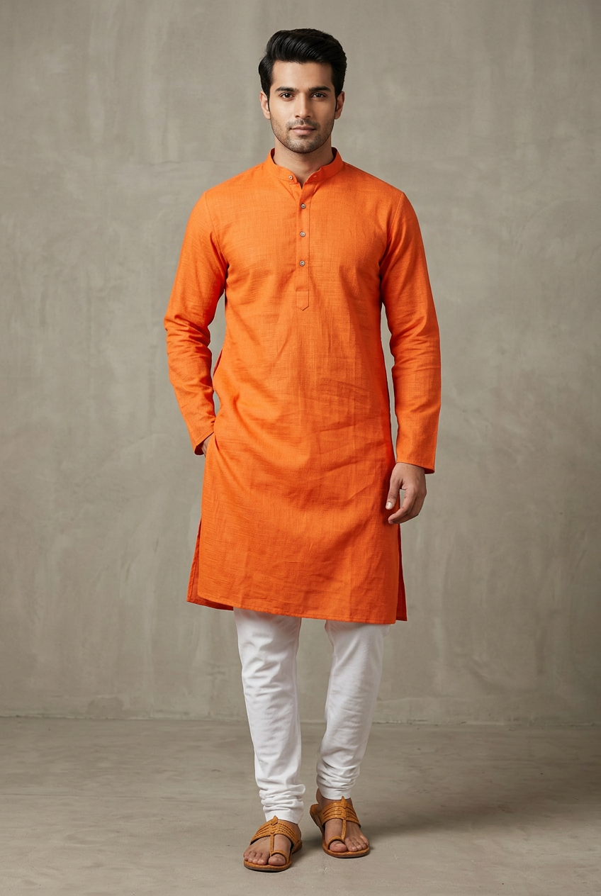 Orange Men's Cotton Kurta: Breezy meets - AI Model Photo 3