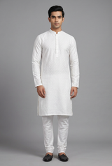 White Men's Diamond Patterned 100% Cotton Kurta - AI Model Photo 2