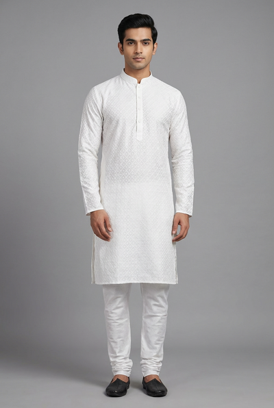 White Men's Diamond Patterned 100% Cotton Kurta - AI Model Photo 2