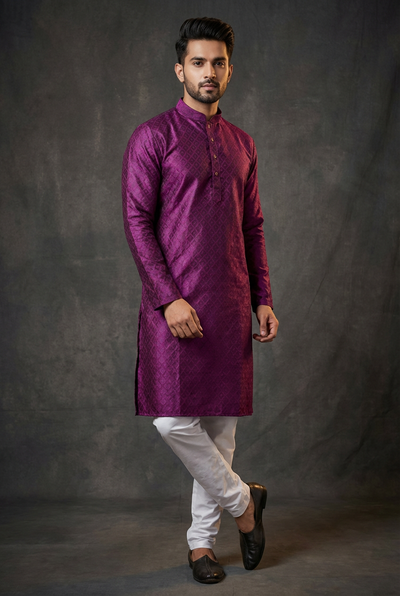 Purple Men's Diamond Pattern Kurta - AI Model Photo 3