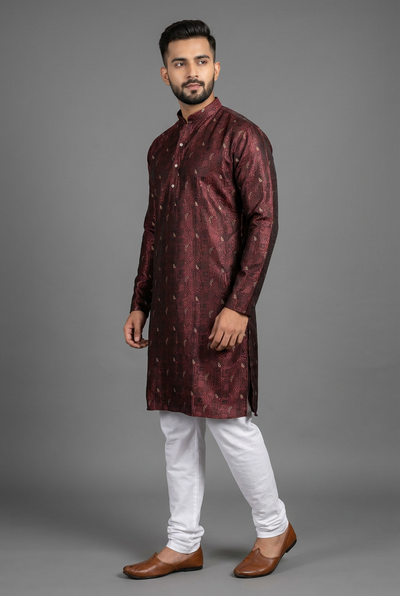 Maroon Black Men's Jacquard Kurta – Traditional - AI Model Photo 2