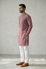 Red Men's Embroidered Kurta with Zebra Pattern Design - AI Model Photo 3