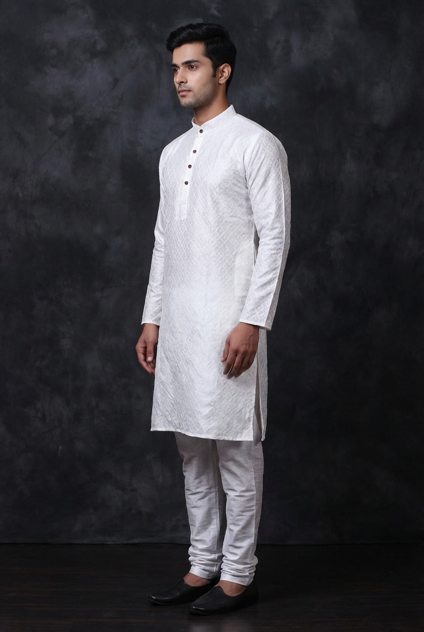 White Men's Diamond Patterned 100% Cotton Kurta - AI Model Photo 3