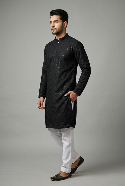 Black Men's Lakhnavi Kurta with Resham and Sequence - AI Model Photo 1