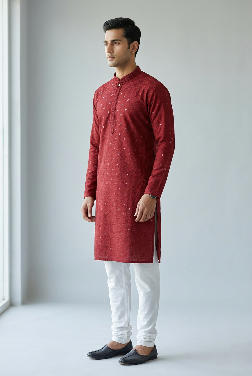 Maroon Men's Lakhnavi Kurta with Resham & Sequin Detail - AI Model Photo 3