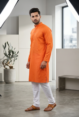 Orange Men's Cotton Kurta: Breezy meets - AI Model Photo 1