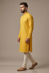 Yellow Men's Lakhnavi Kurta: Meets - AI Model Photo 3