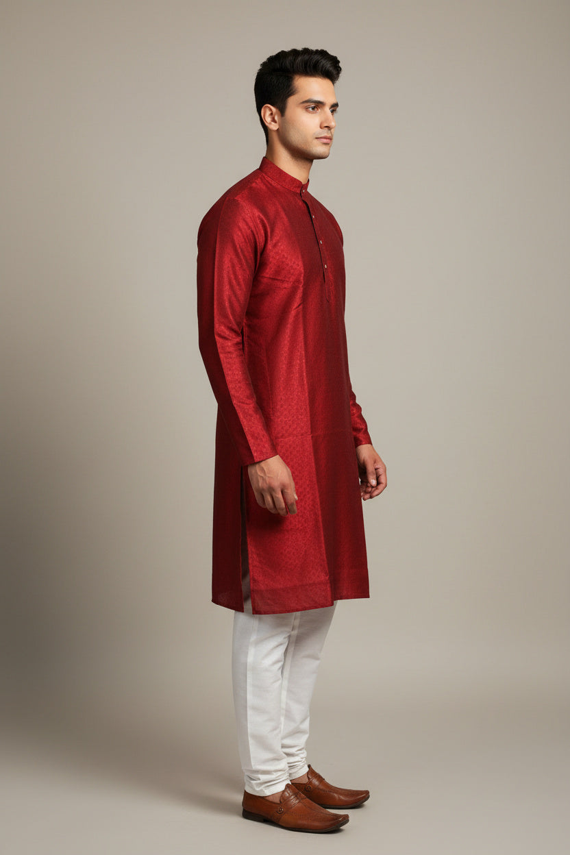 Red Patterned Kurta Pyjama & Jodhpuri Suit - AI Model Photo 2