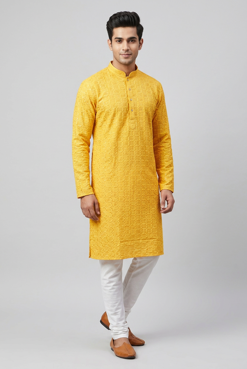 Men's Luxurious Lakhnavi Kurta - Elegant, Handcrafted Ethnic Ensemble - AI Model Photo 3