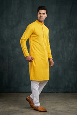 Yellow Men's Lakhnavi Kurta: Embroidery and Cotton - AI Model Photo 2