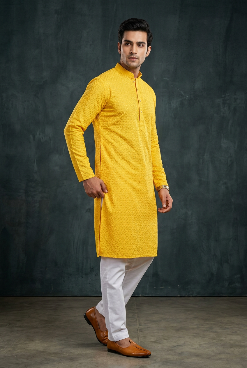 Yellow Men's Lakhnavi Kurta: Embroidery and Cotton - AI Model Photo 2